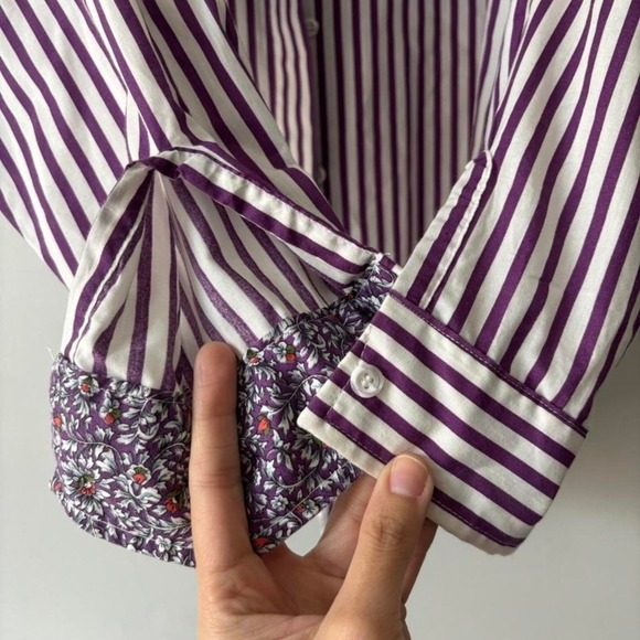 Vintage Preppy Striped Button Down Purple White Shirt Retro Floral Lining - XL - Picture 4 of 8